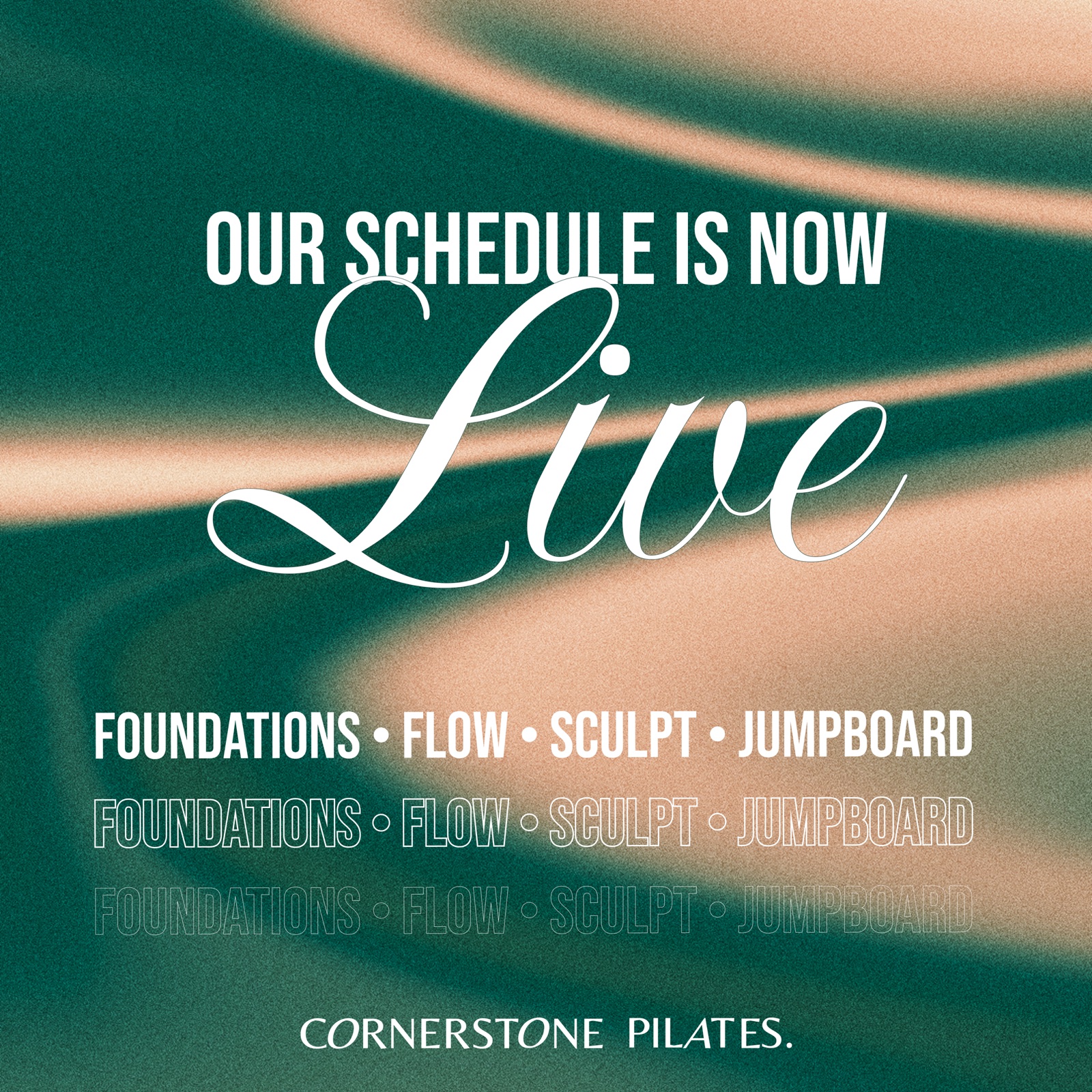 The studio's class lineup: Foundations, Flow, Sculpt, and Jumpboard