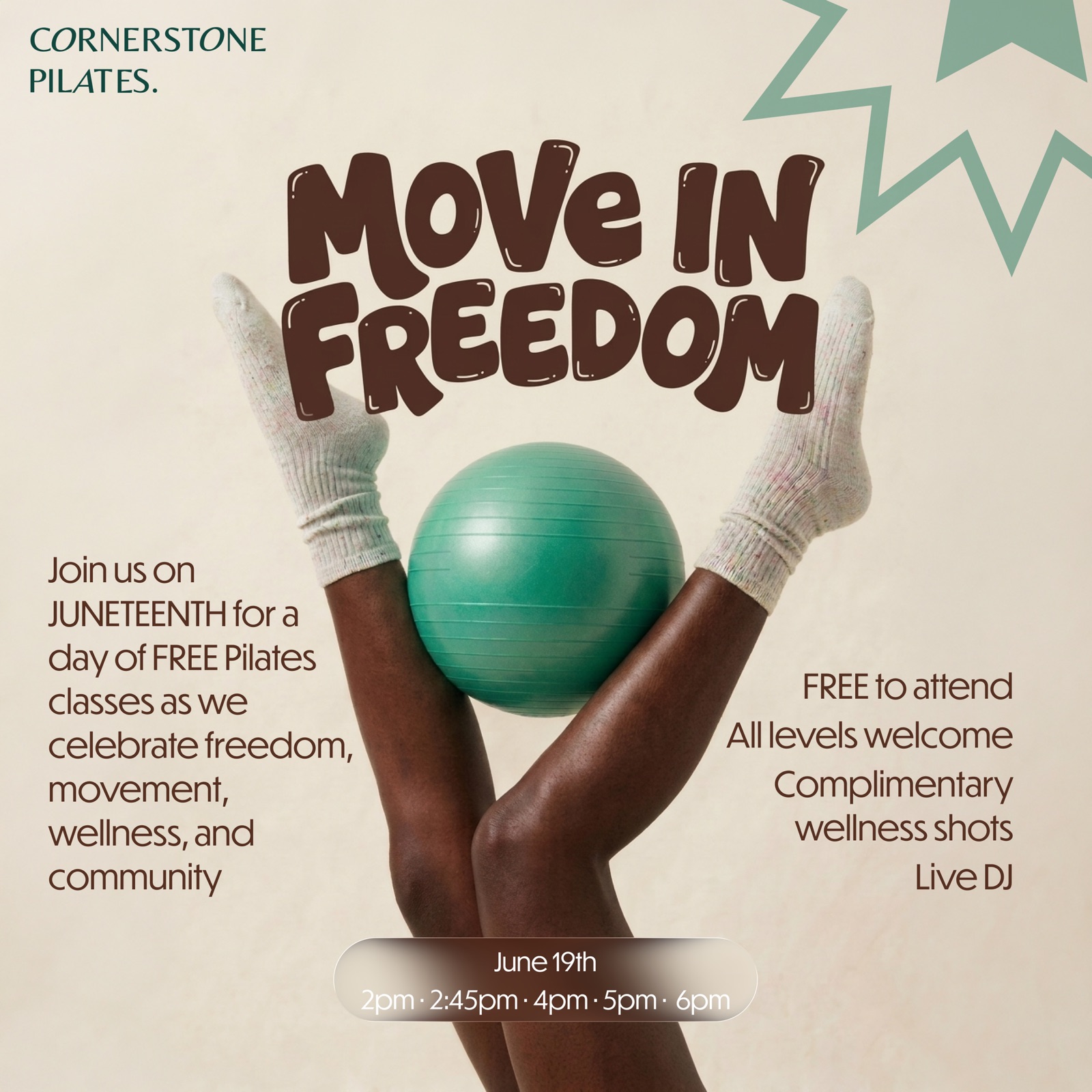 Poster for free community classes on June 19, titled Move in Freedom