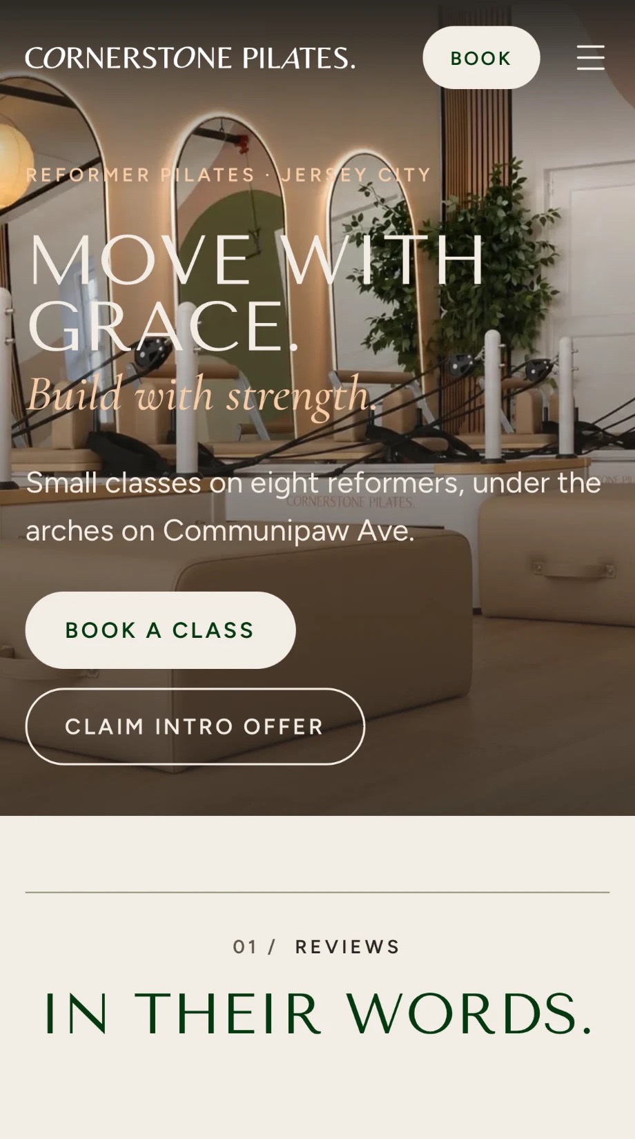 The Cornerstone Pilates home page on a phone: the wordmark, the reformer photo with the line Move with grace, build with strength, and three green buttons