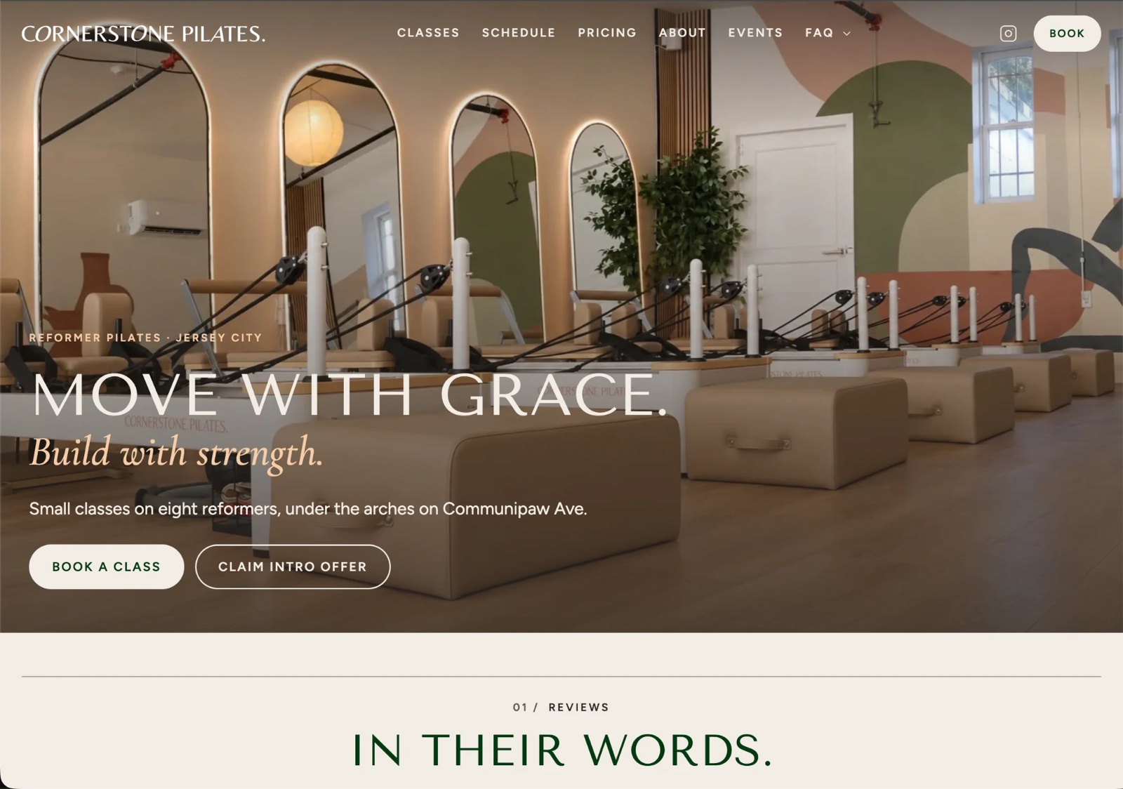 The Cornerstone Pilates home page: a row of reformers in the studio under the line Move with grace, build with strength