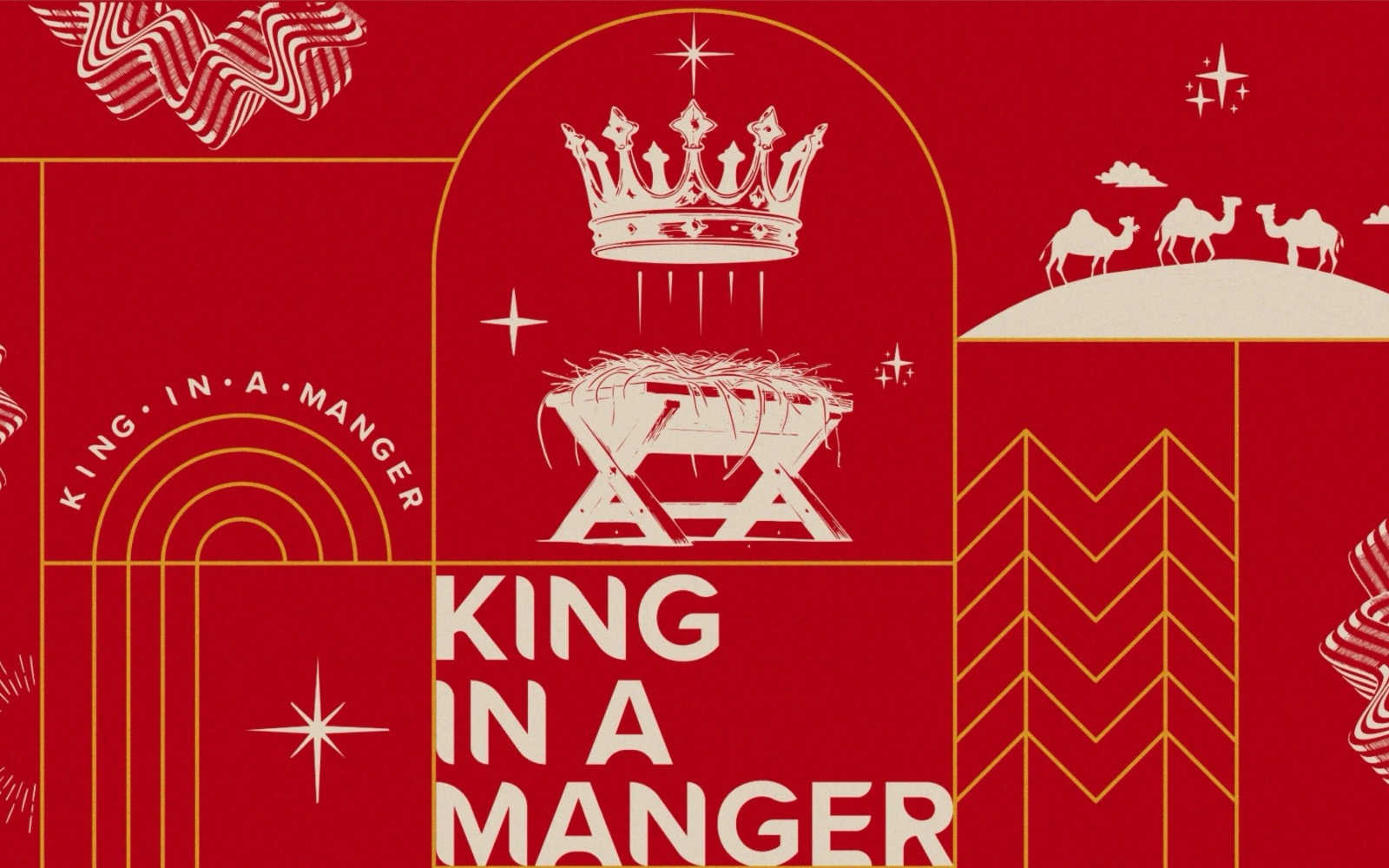 King in a Manger: a crown above a manger in cream on red, with gold line art