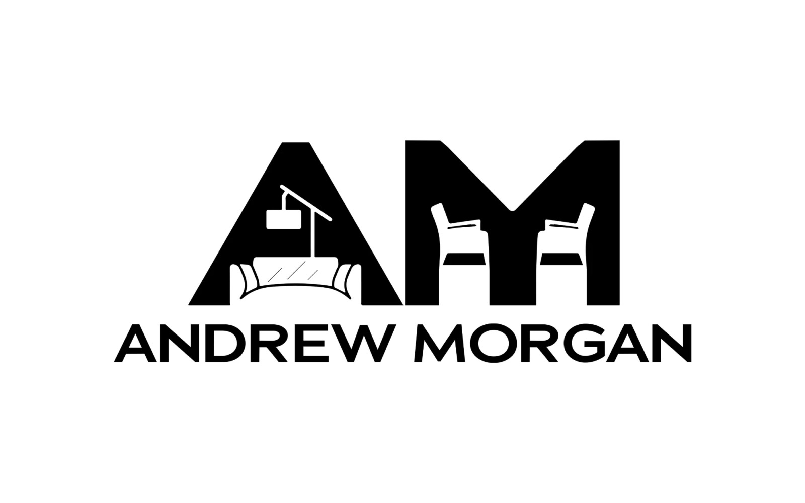 Andrew Morgan logo: an A and M with furniture cut into the letters