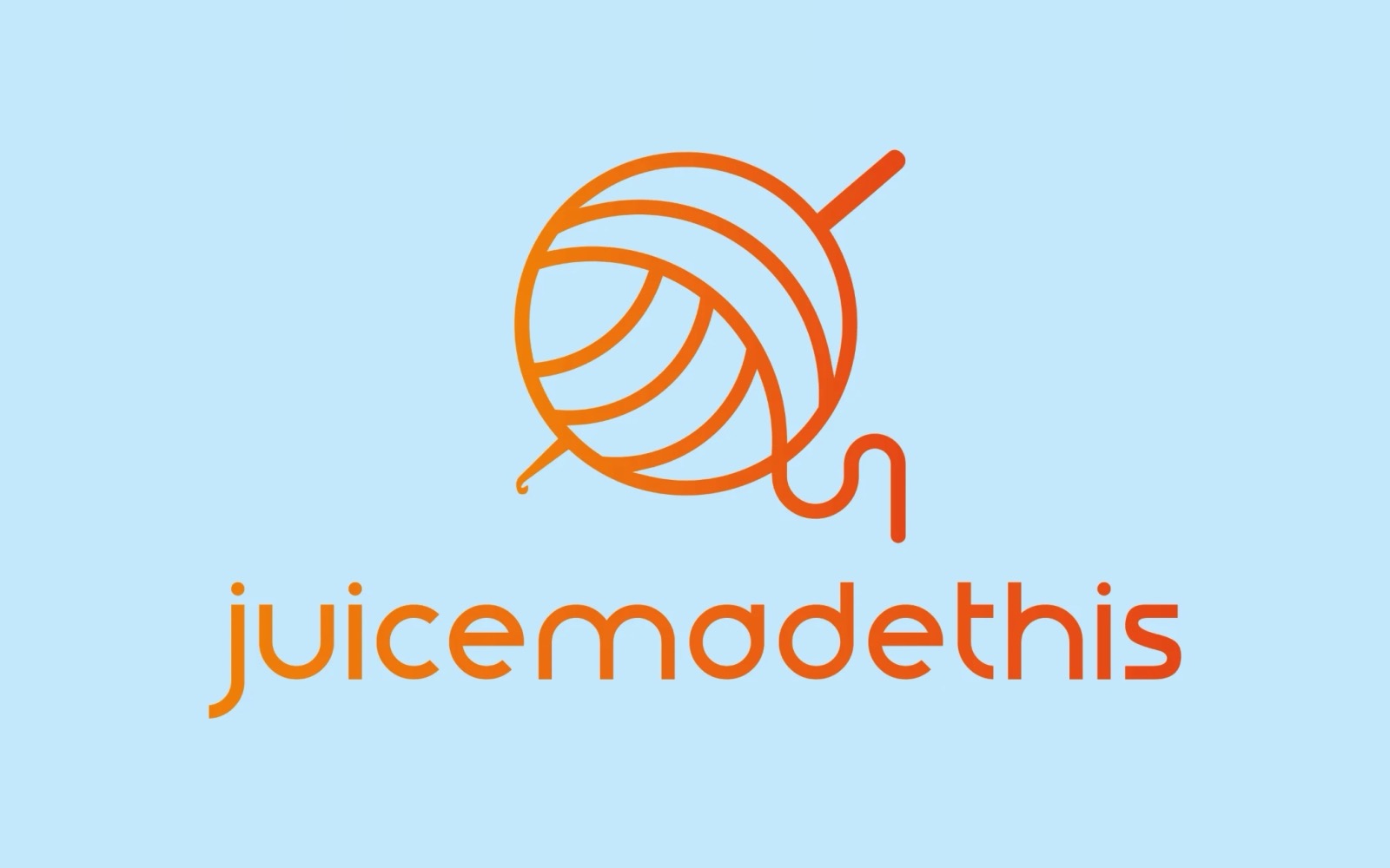 juicemadethis logo: a ball of yarn with a crochet hook, orange on sky blue