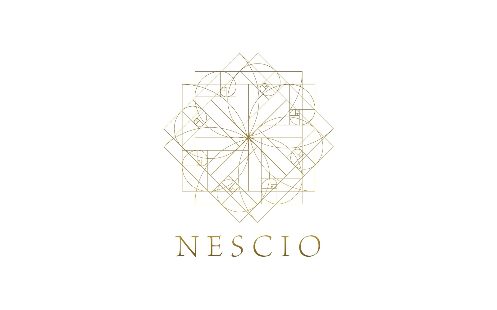 Nescio logo: golden-ratio spirals woven into a square, with the name in gold capitals