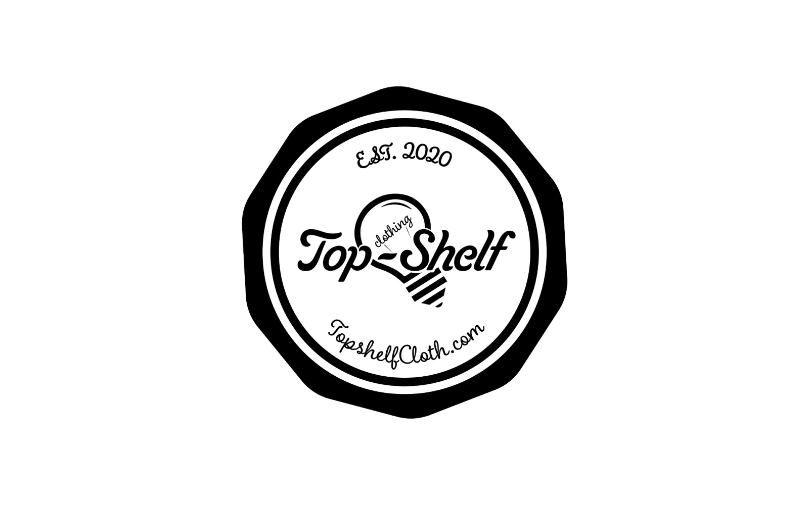 Top-Shelf Clothing badge logo with a light bulb and est. 2020