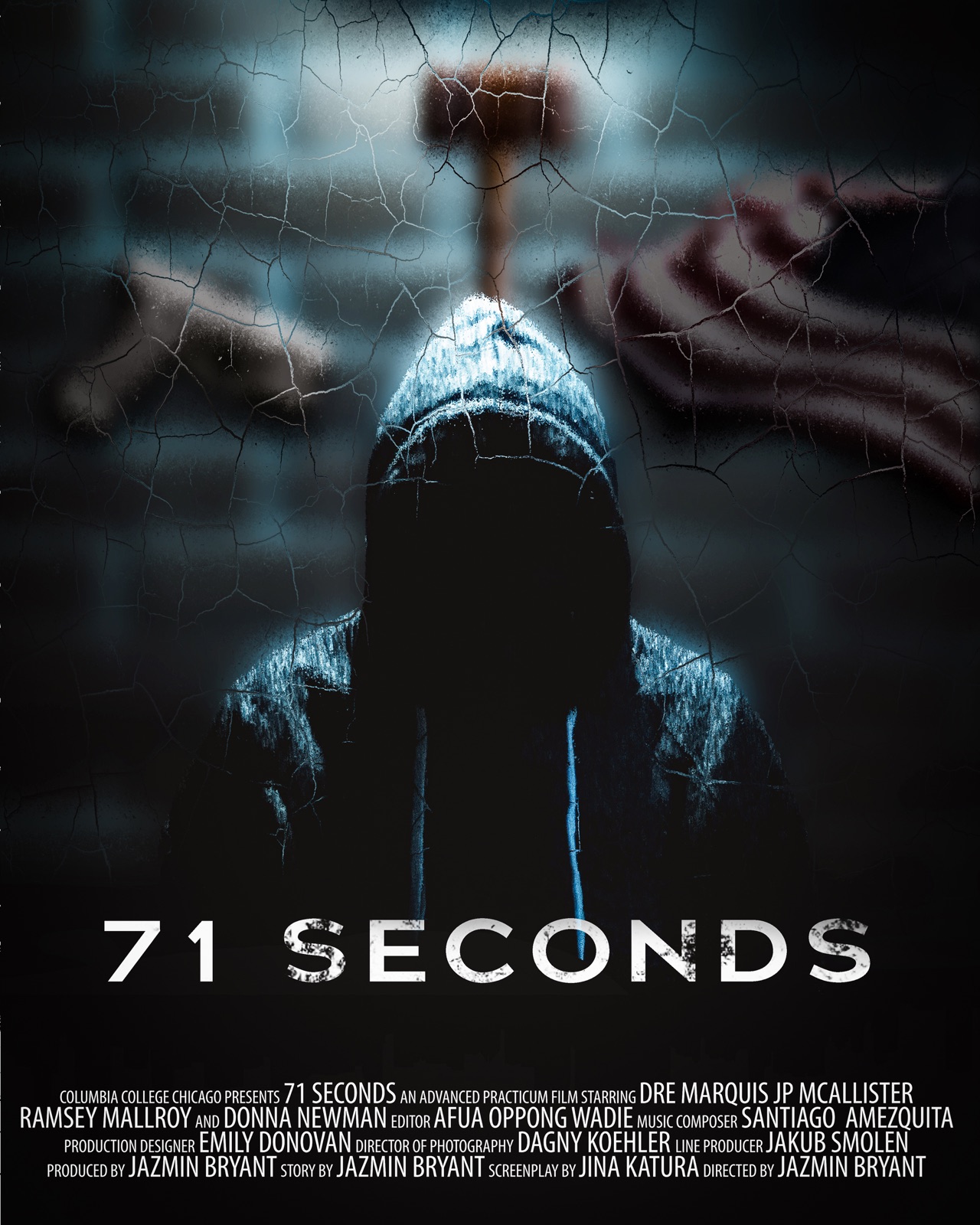 A poster for 71 Seconds: a hooded figure holding a hammer against an American flag