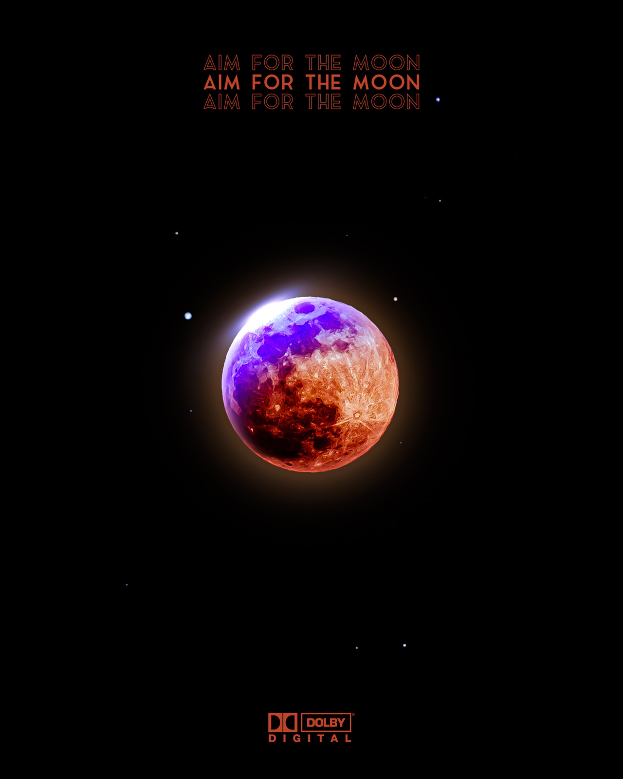A small red moon in a black sky, with lines of red type above it