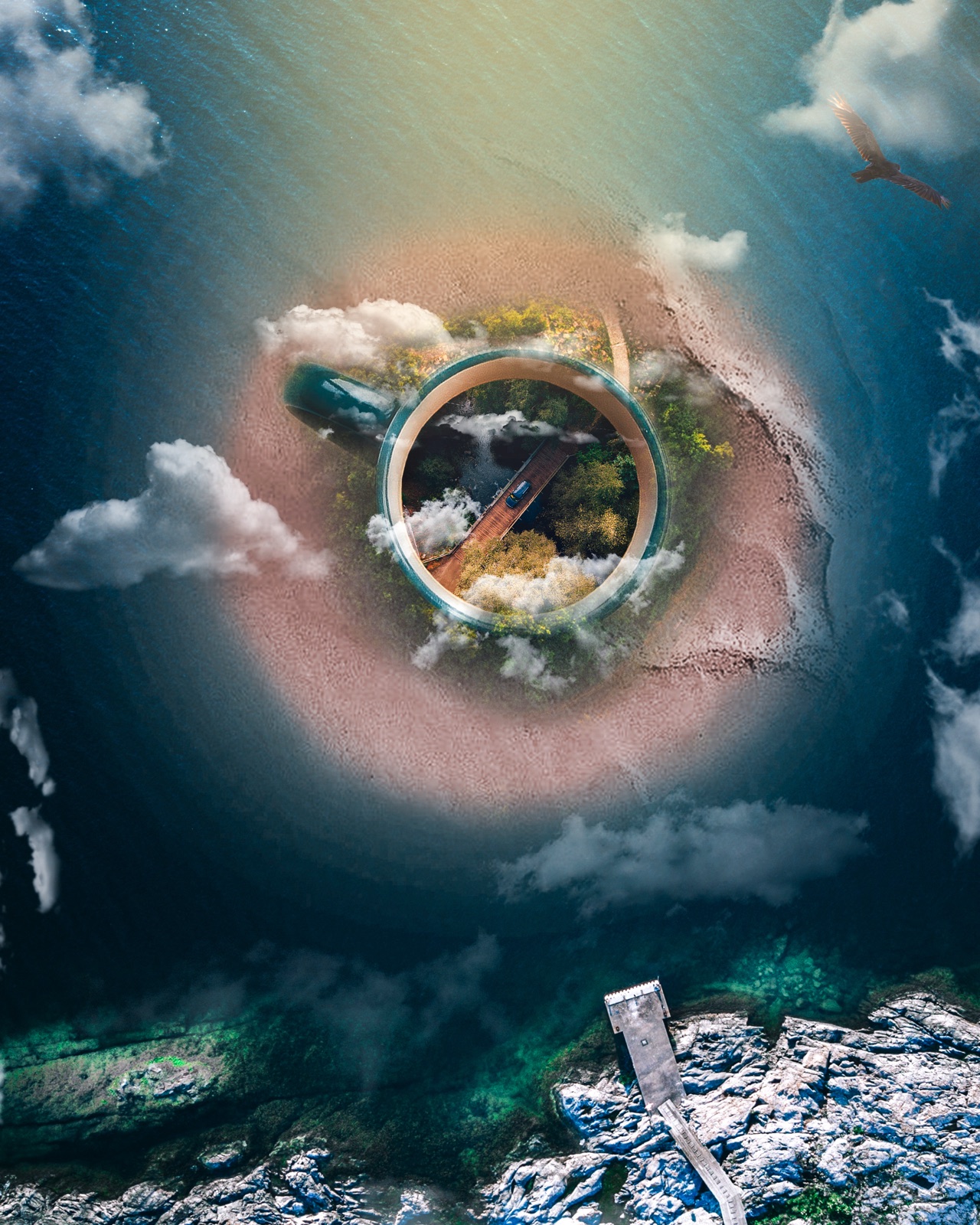A coffee cup seen from above, turned into an island in a clear sea, clouds drifting across its rim