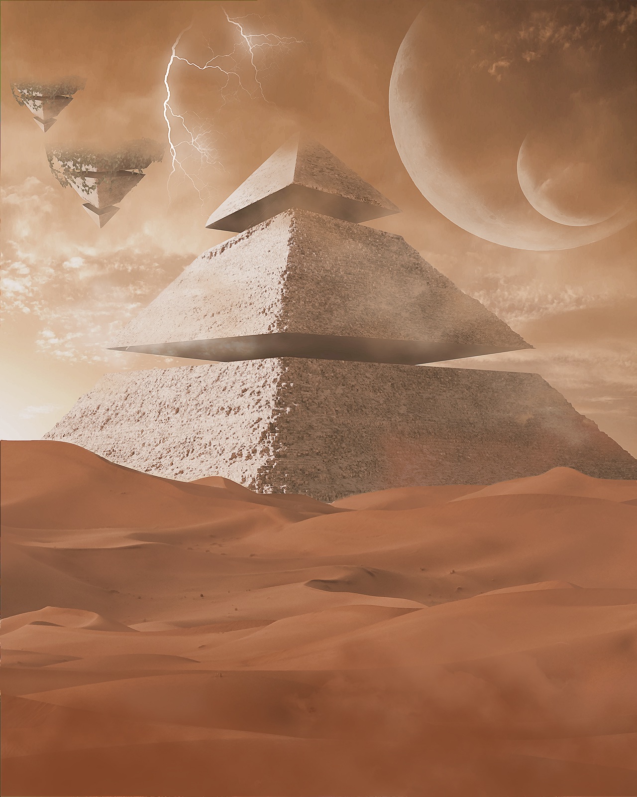 A pyramid split into floating tiers above red dunes, two moons and lightning in a sand-coloured sky
