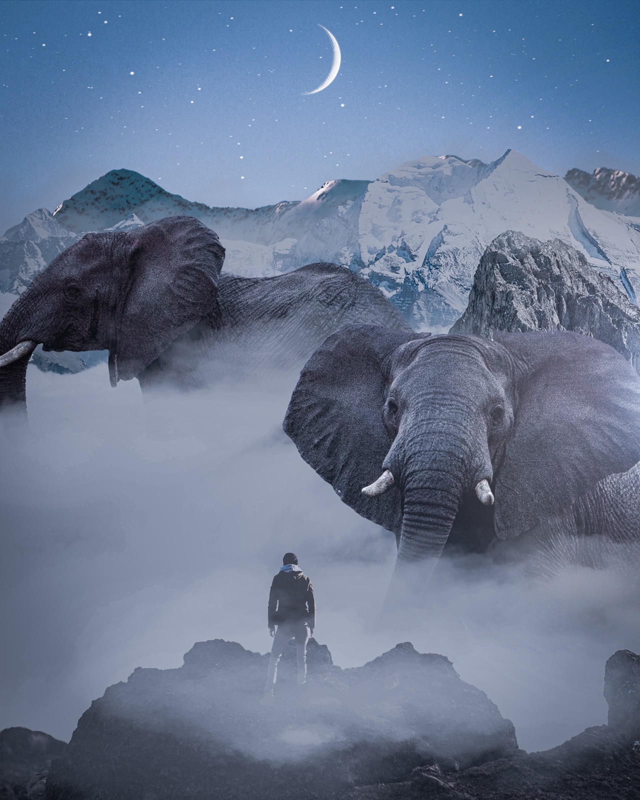 Elephants walking across the clouds above a mountain range, a crescent moon overhead