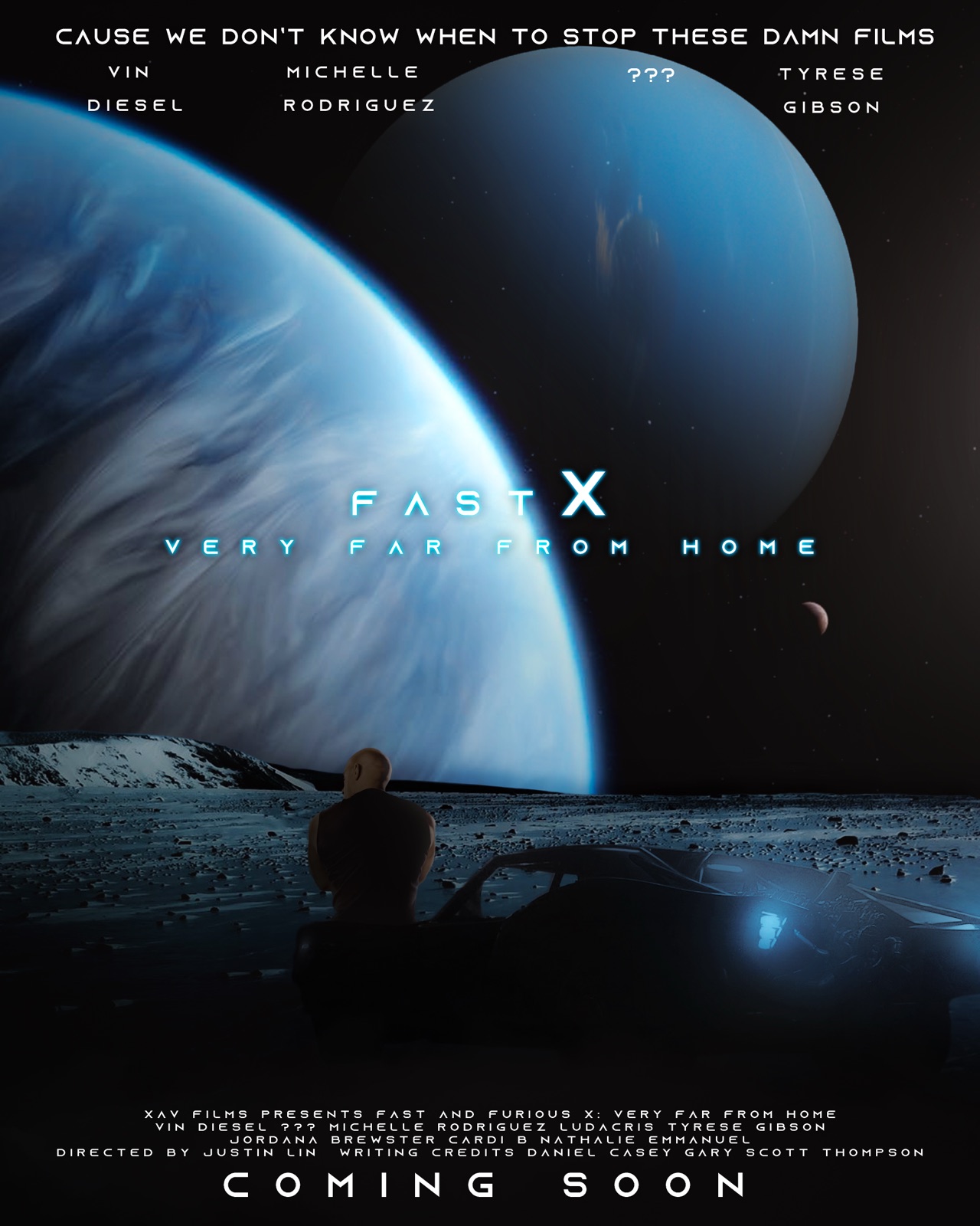 A Fast X poster: a car on a cliff beneath a huge blue planet
