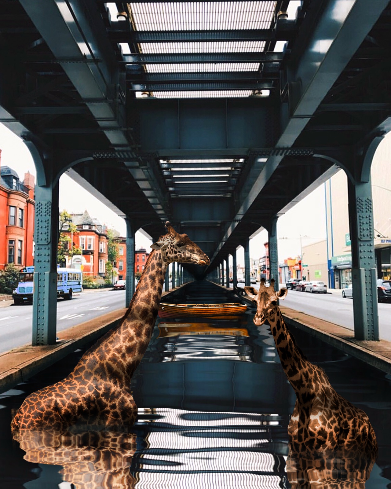 Two giraffes wading in a flooded avenue under an elevated train, a wooden boat behind them