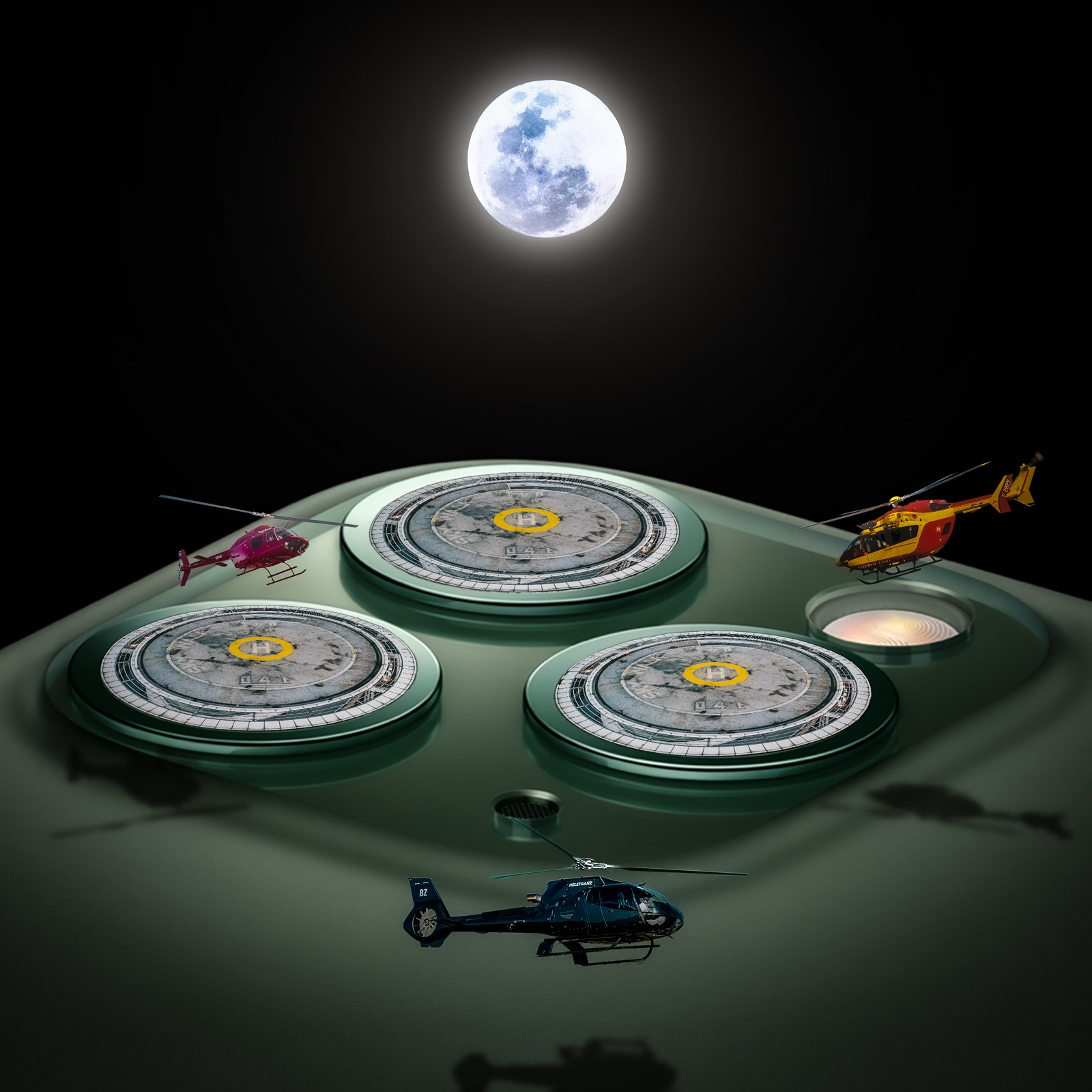 A phone camera bump turned into three helipads, helicopters landing under a full moon