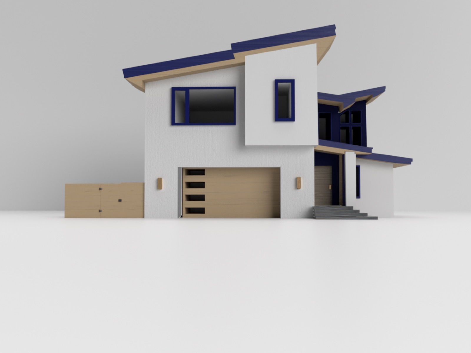 A modern two-storey house rendered in white with a navy roof and a wood garage door