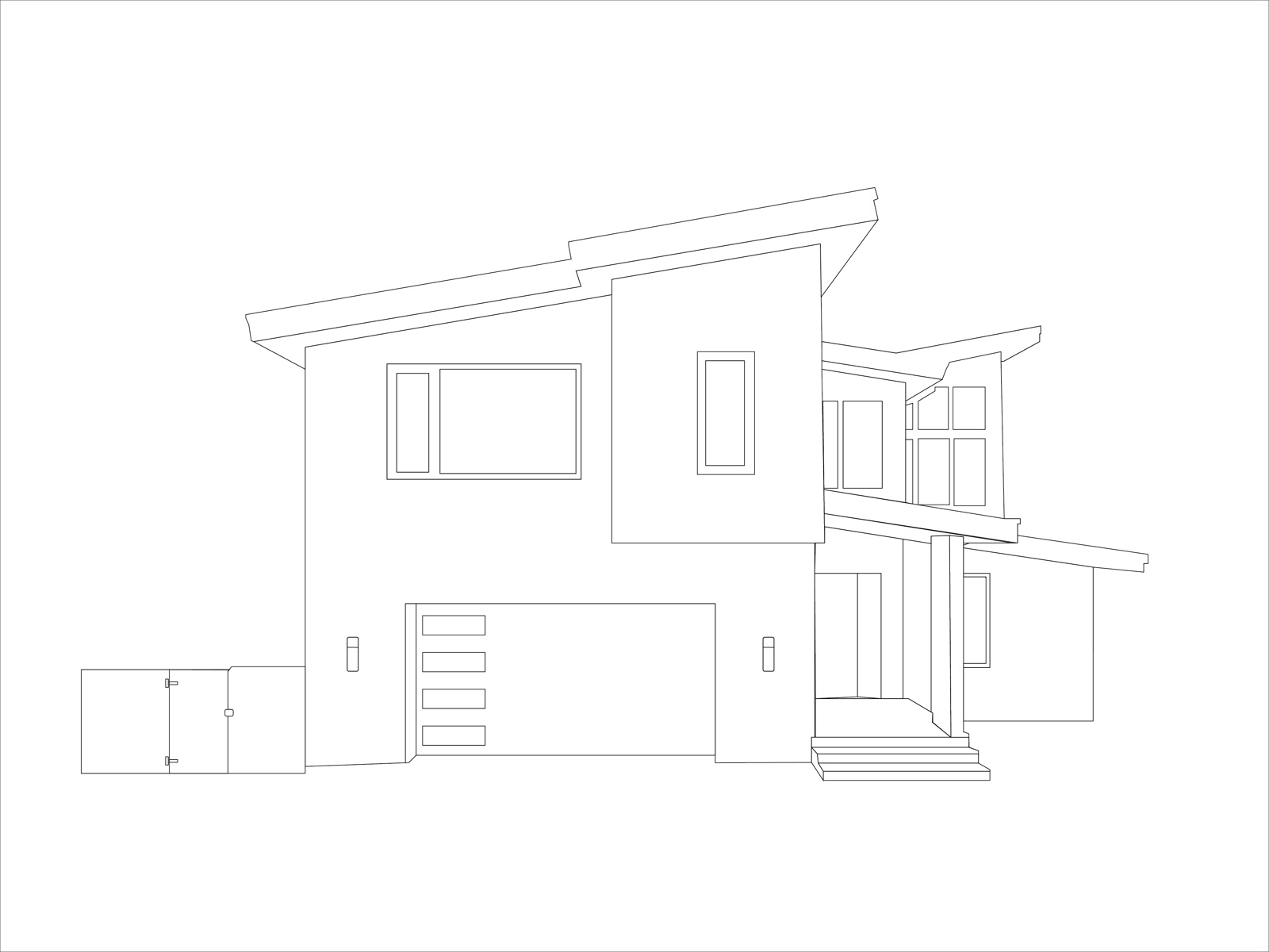 Line drawing of a modern two-storey house with a slanted roof