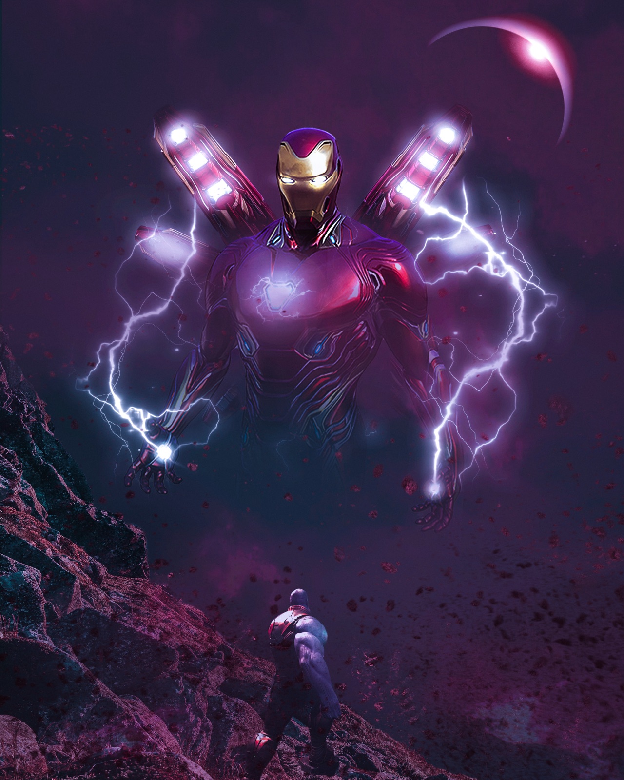 Iron Man flying over a purple canyon, lightning in his wake