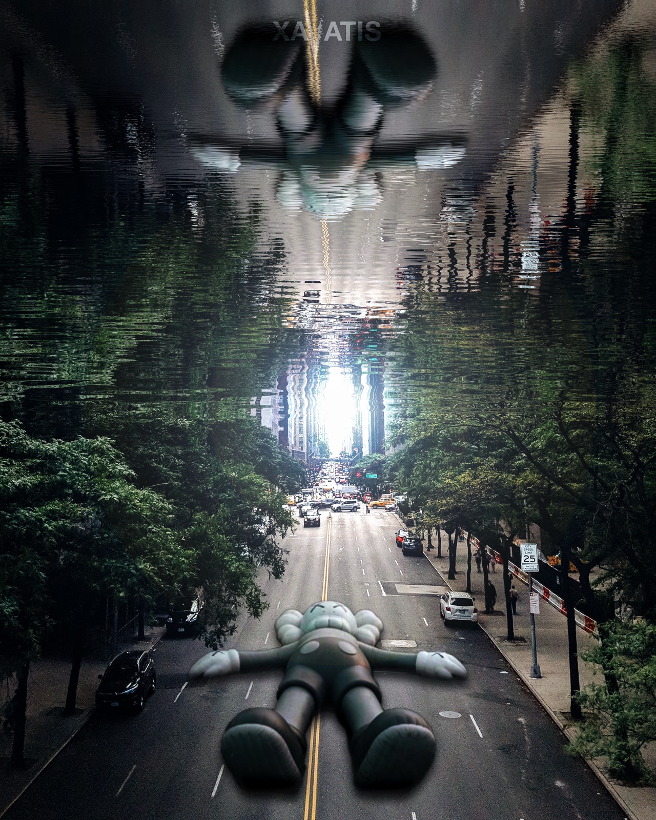 A giant KAWS Companion figure sitting over a forest road at dawn, cars approaching