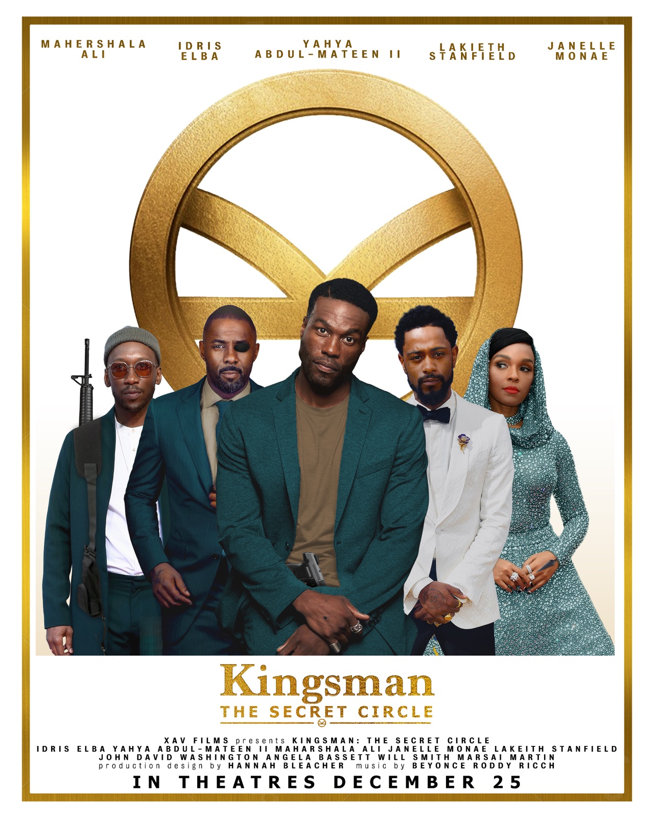 A Kingsman poster: five people in suits beneath a gold logo, a cathedral behind them