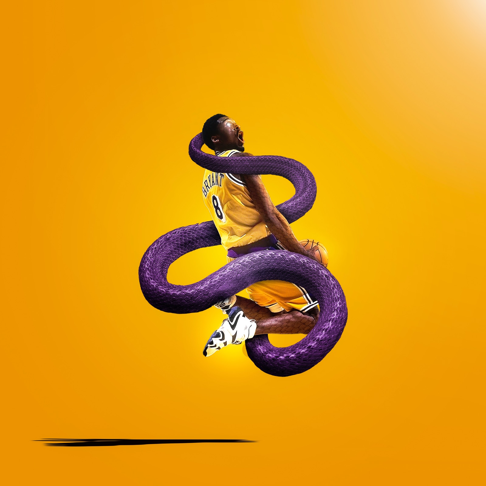 Kobe Bryant mid-air in gold, wrapped by a purple snake, on an orange field