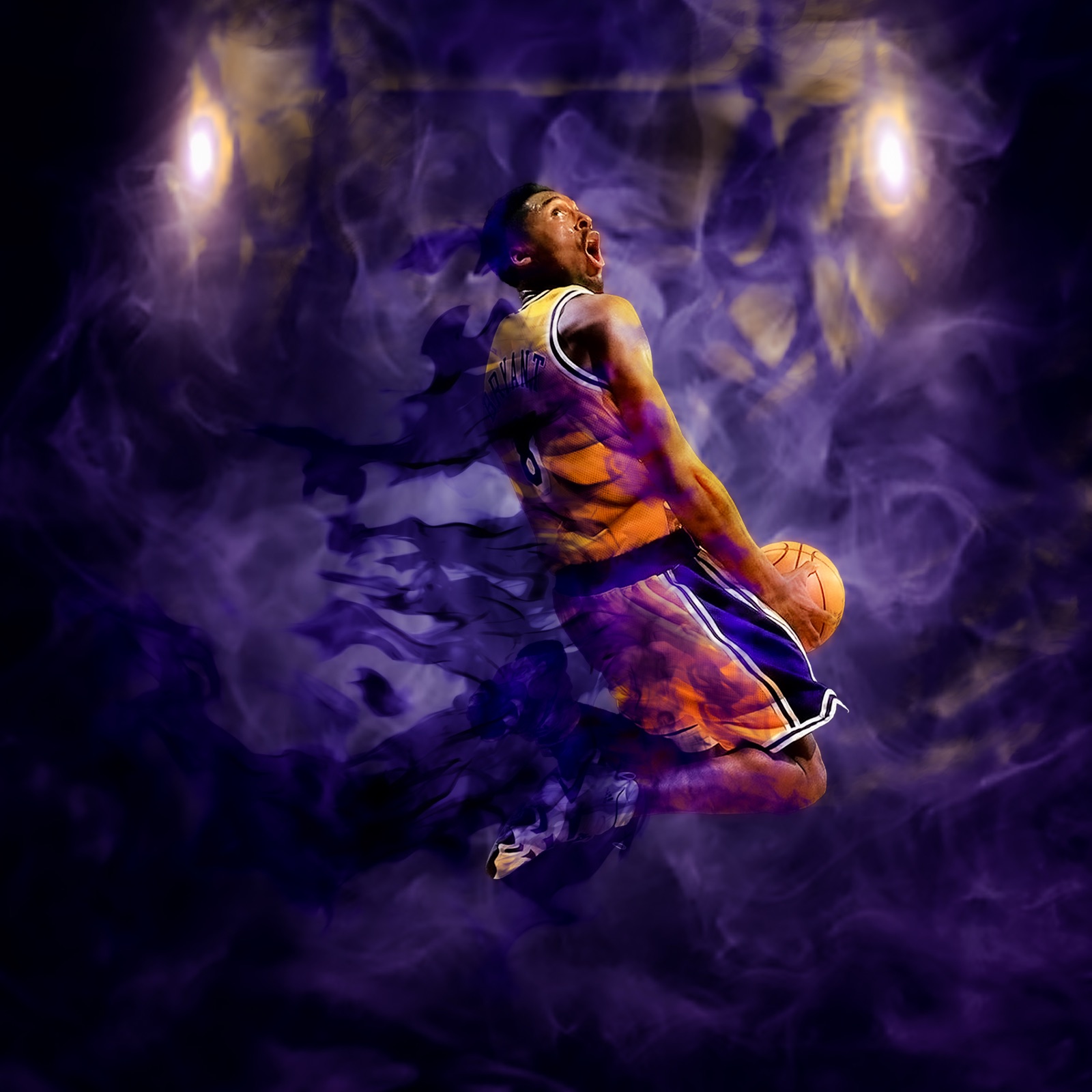 Kobe Bryant rising through purple smoke in a gold jersey