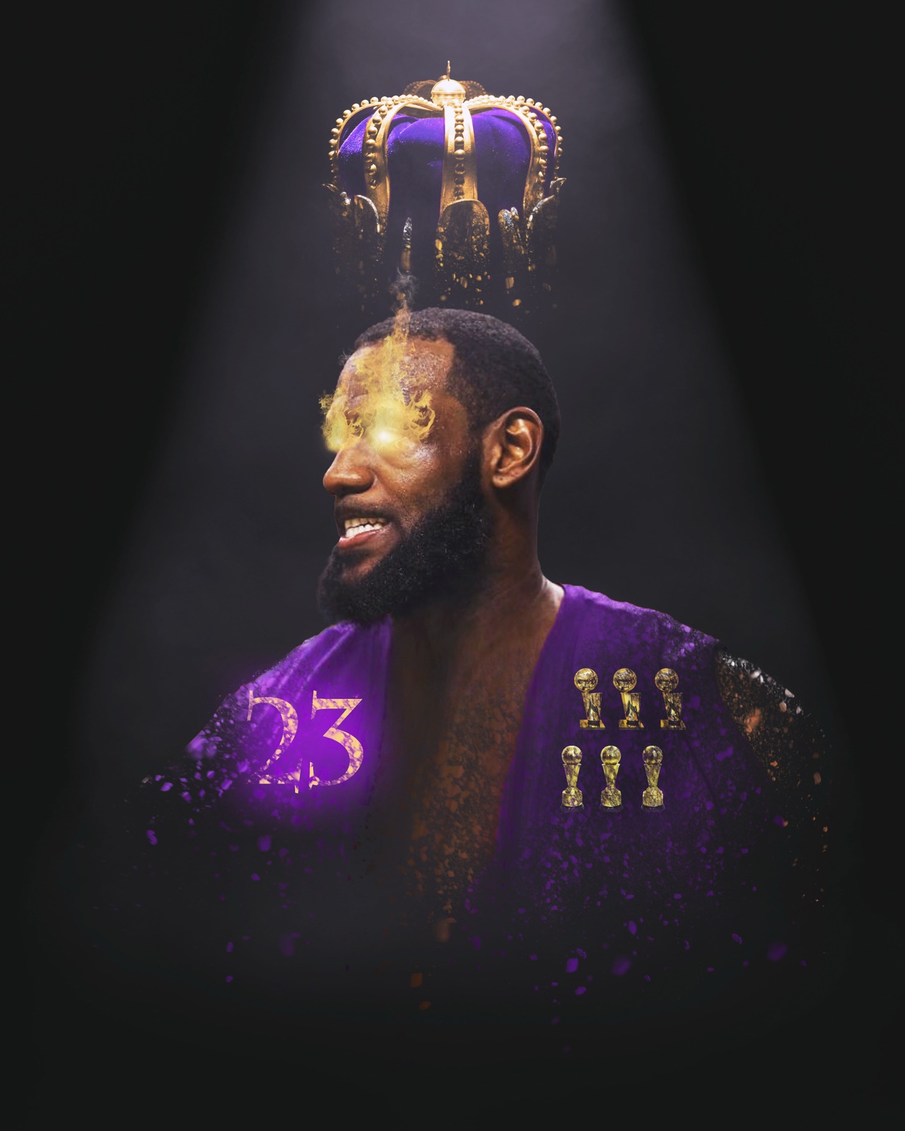 LeBron James in a Lakers jersey wearing a crown, light pouring from his eyes