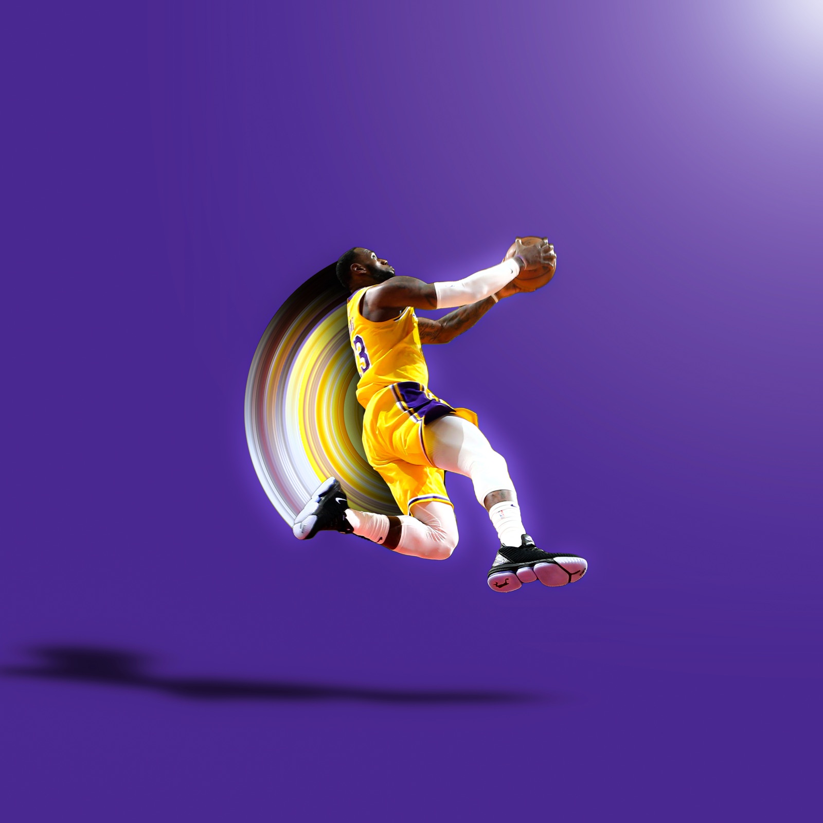 LeBron James in a gold Lakers jersey, a ring of motion circling him on a purple field