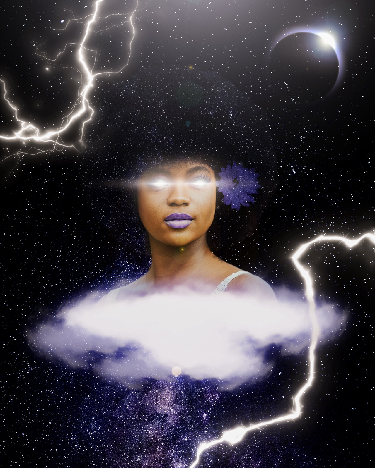 A woman's face above a bank of clouds, lightning striking around her