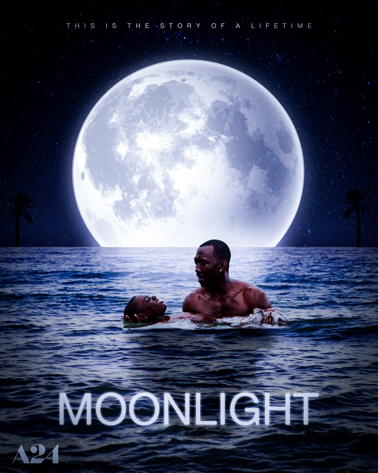 A Moonlight poster: a man holding a boy afloat in the sea under a full moon