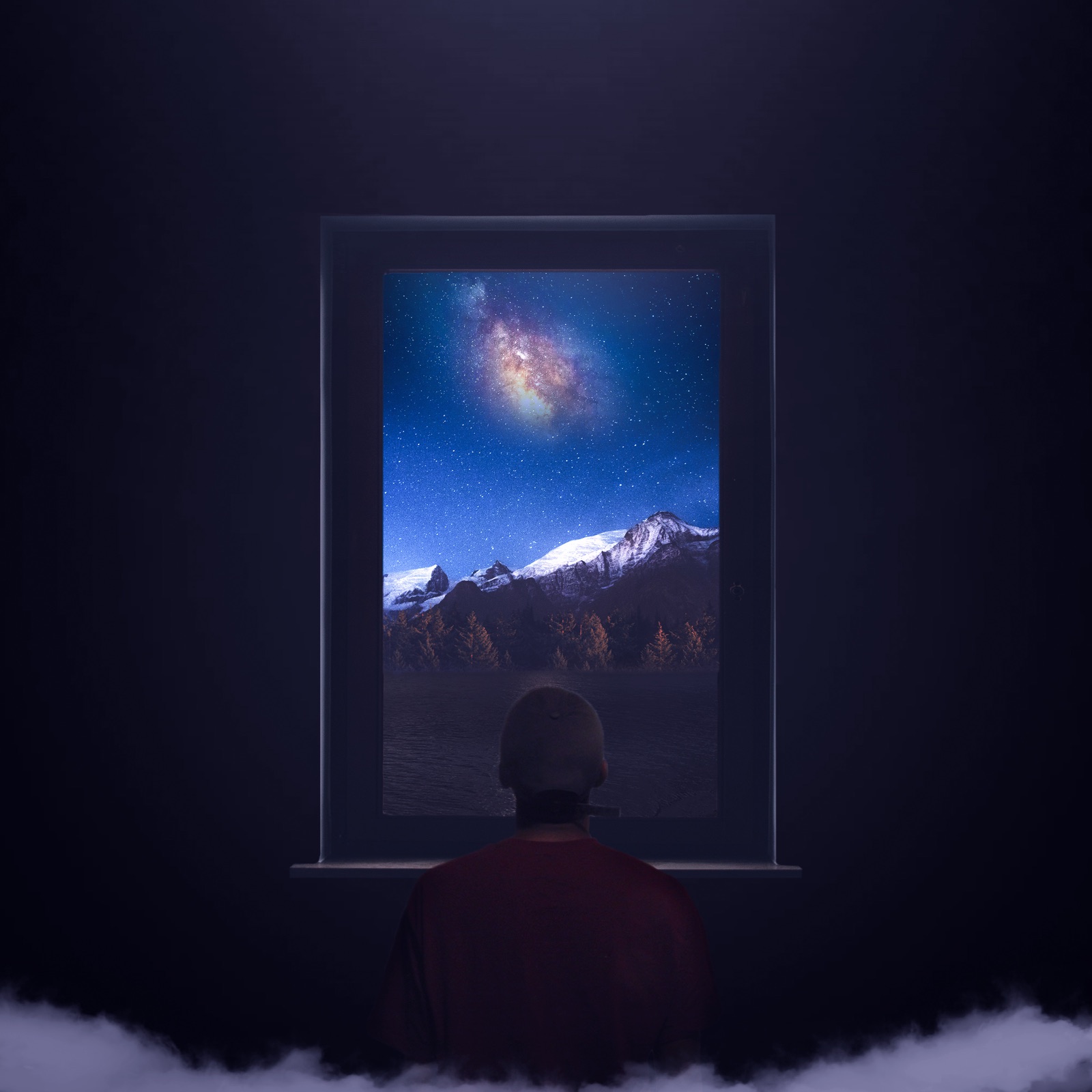 A figure at a window looking out at a snowy mountain under a night sky