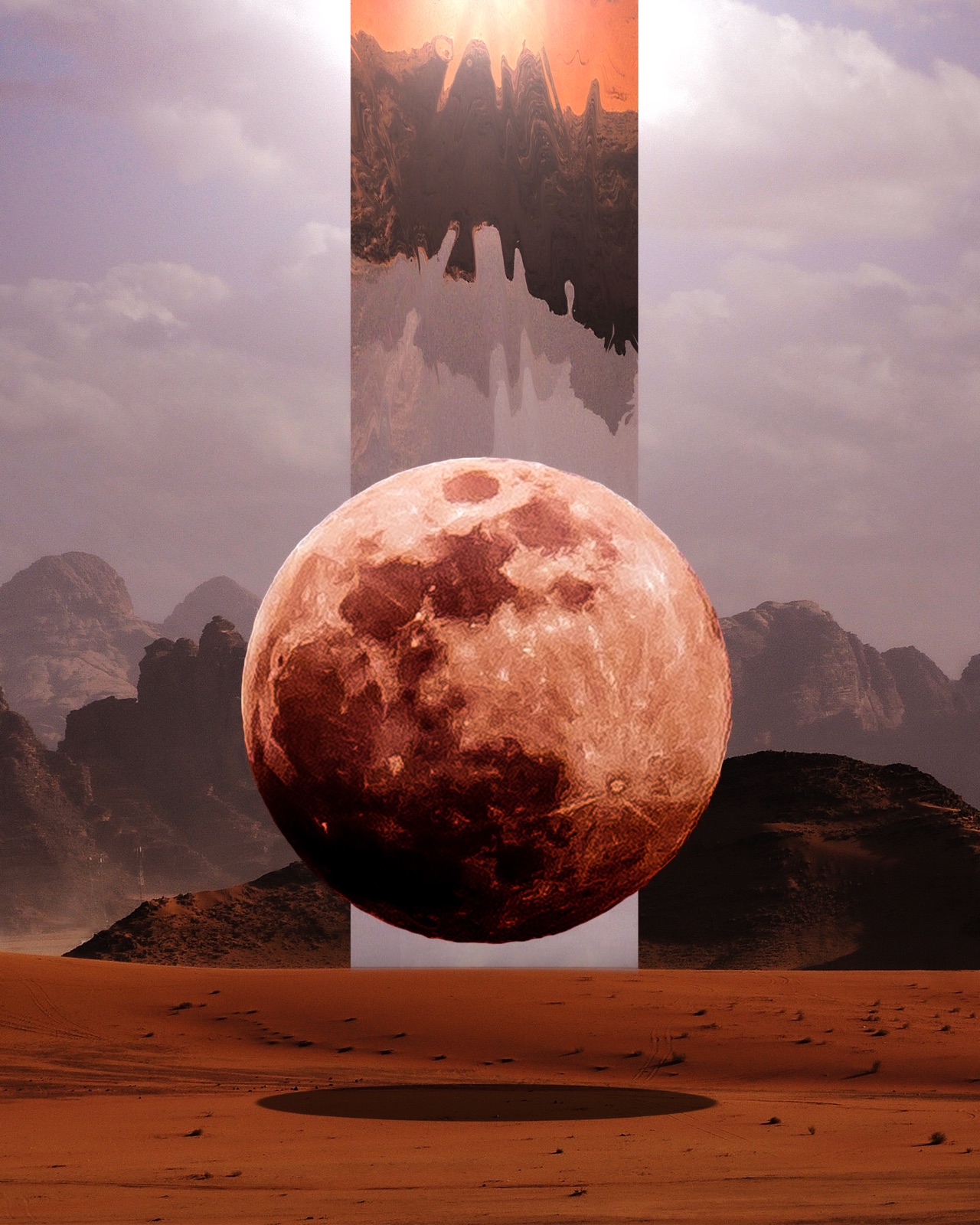 A red moon framed by a tall cutout above a desert, a small figure walking toward it