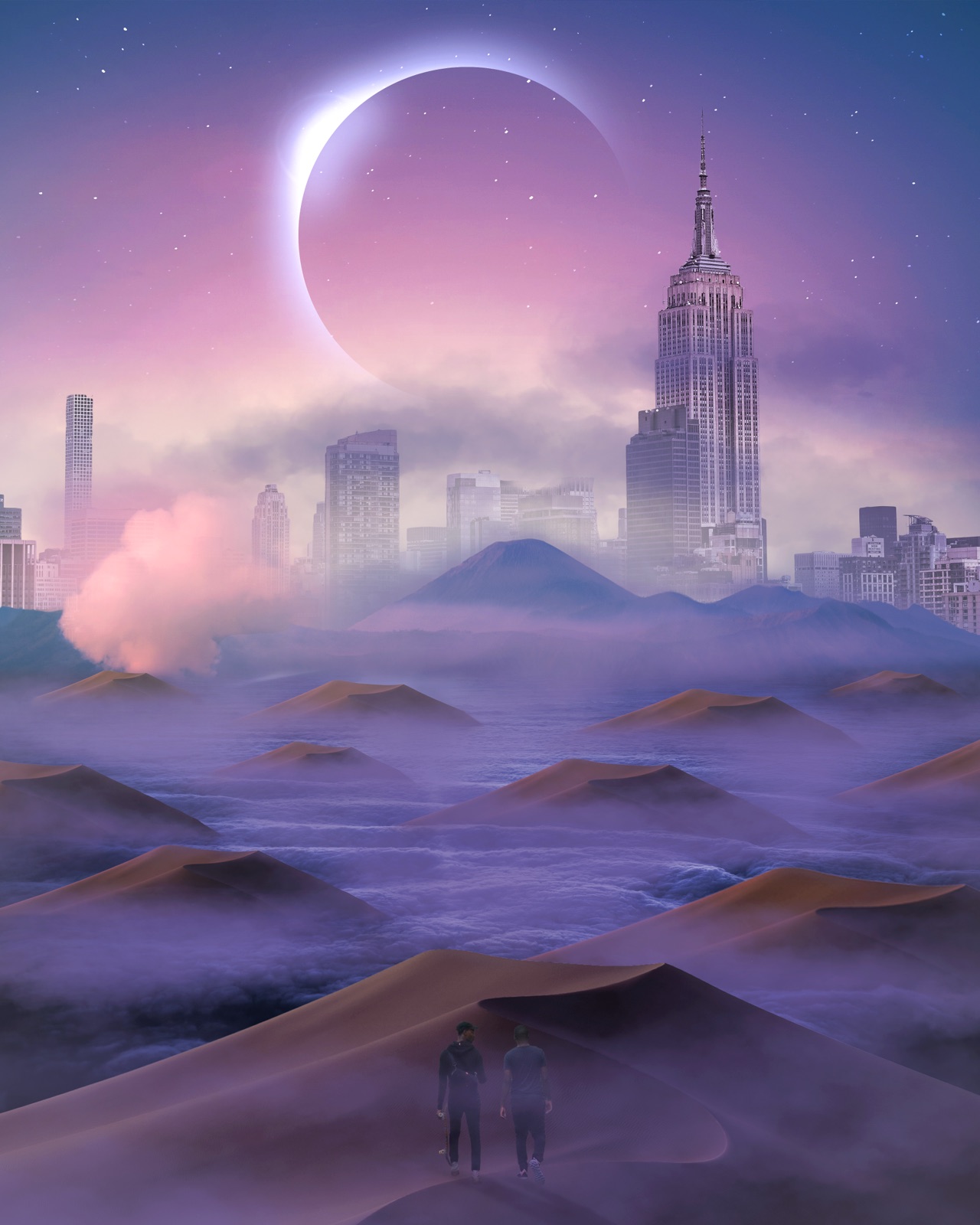 A lone walker in the dunes under a pink moon, a city skyline rising behind the ridge