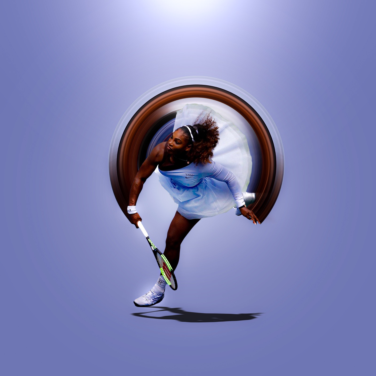 Serena Williams mid-serve in a white dress, a swirl of motion circling her on a lavender field