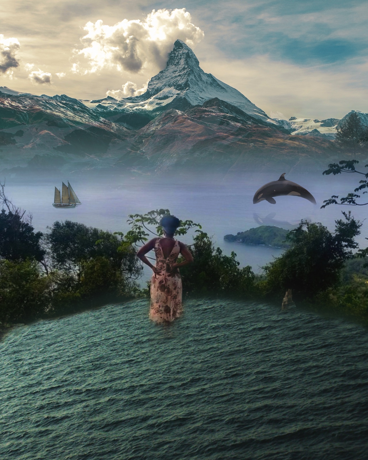 A woman standing in shallow green sea beneath a mountain peak, dolphins leaping behind her