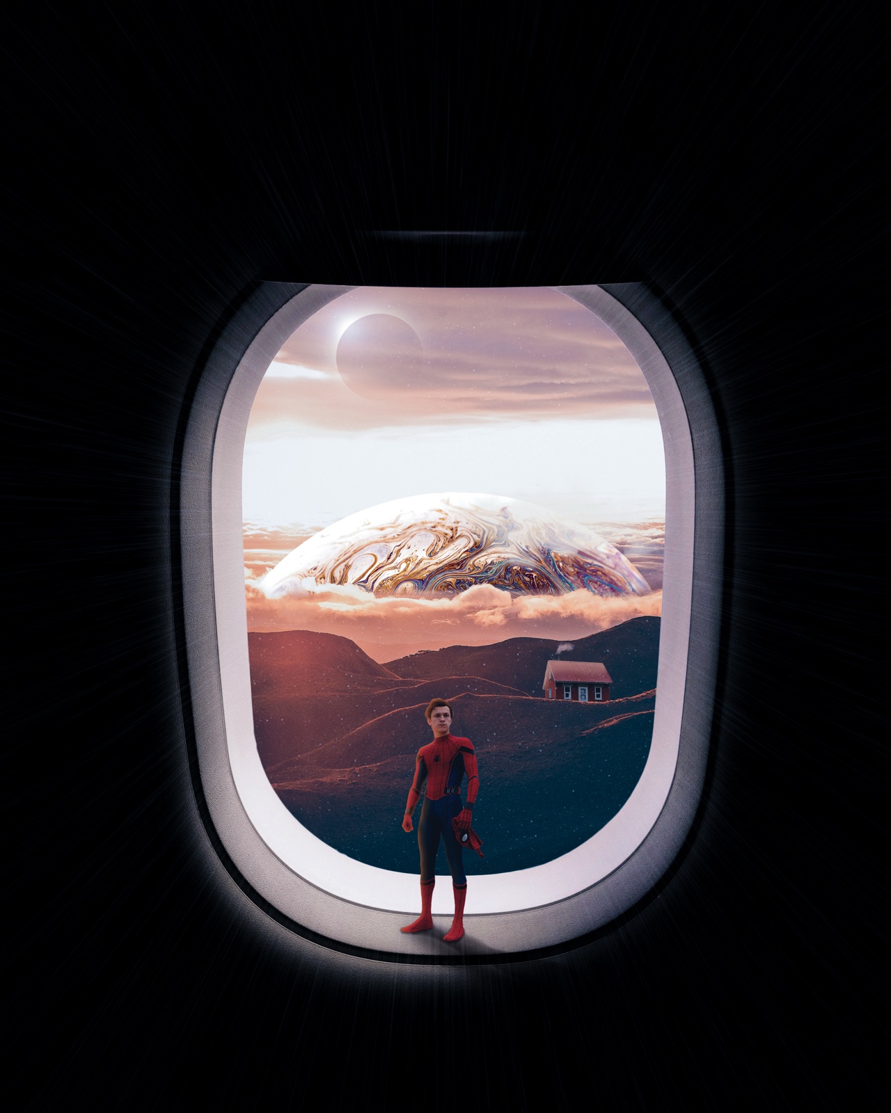 A view through an airplane window onto mountains, a small figure crouched on the sill