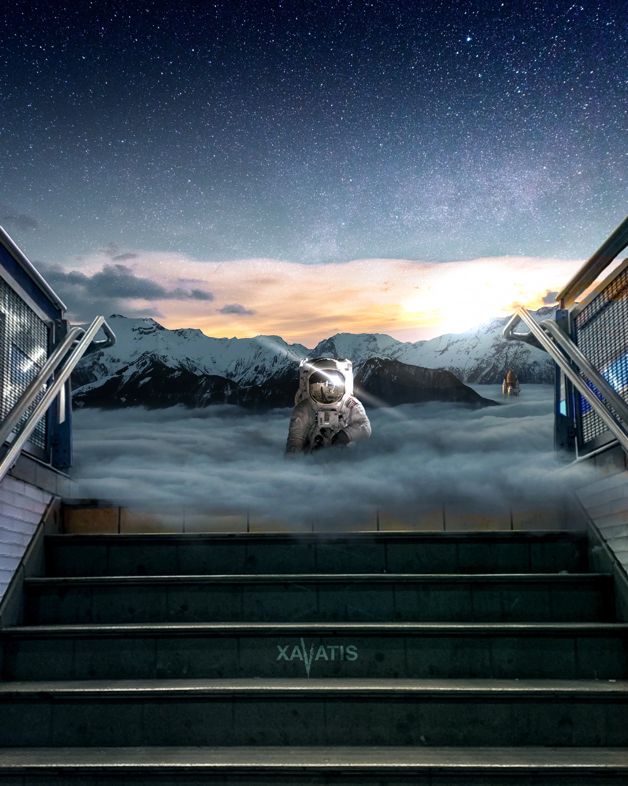Subway stairs leading up to sea and sky instead of the street