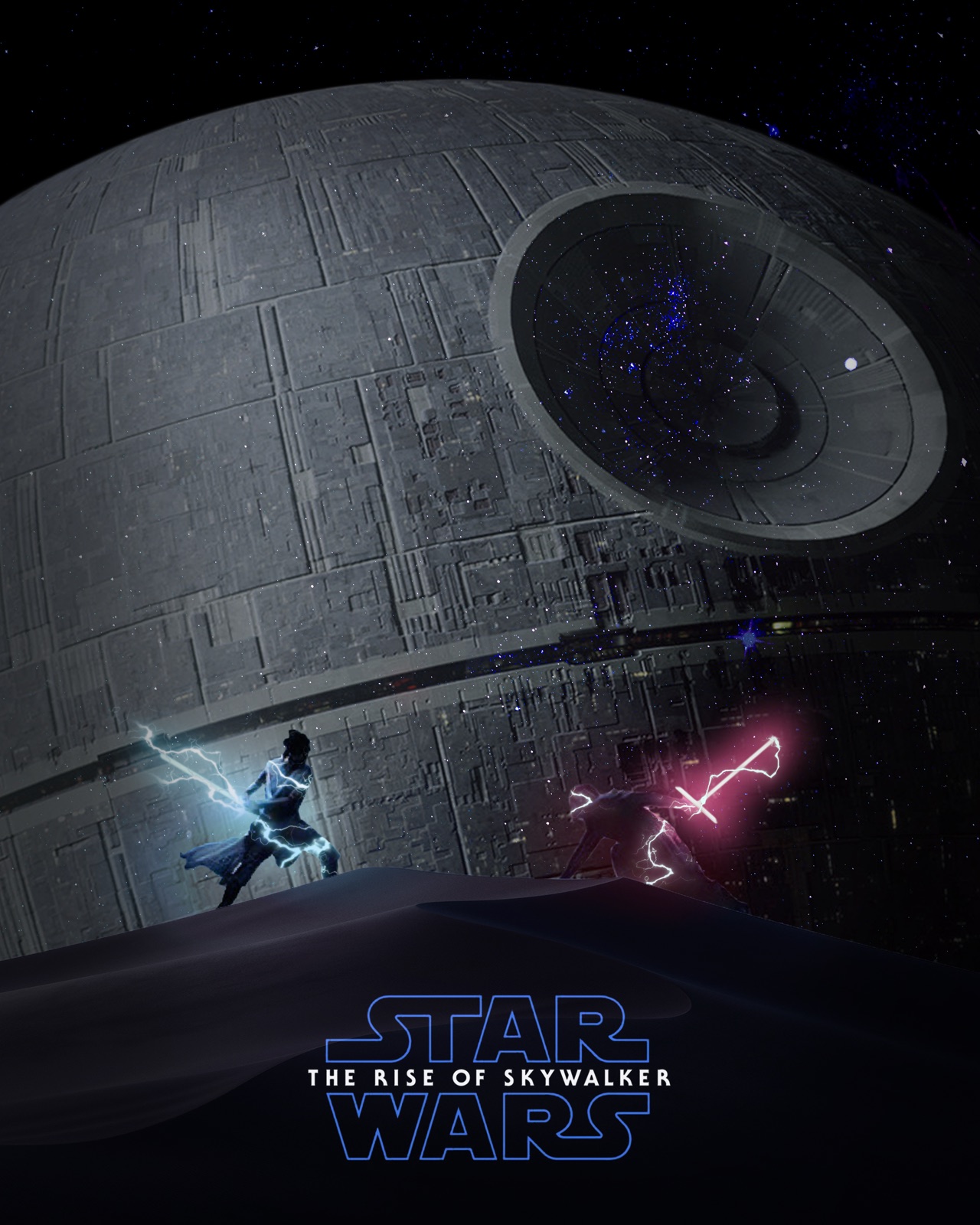 A Star Wars poster: the Death Star above two figures facing off with red and blue lightsabers