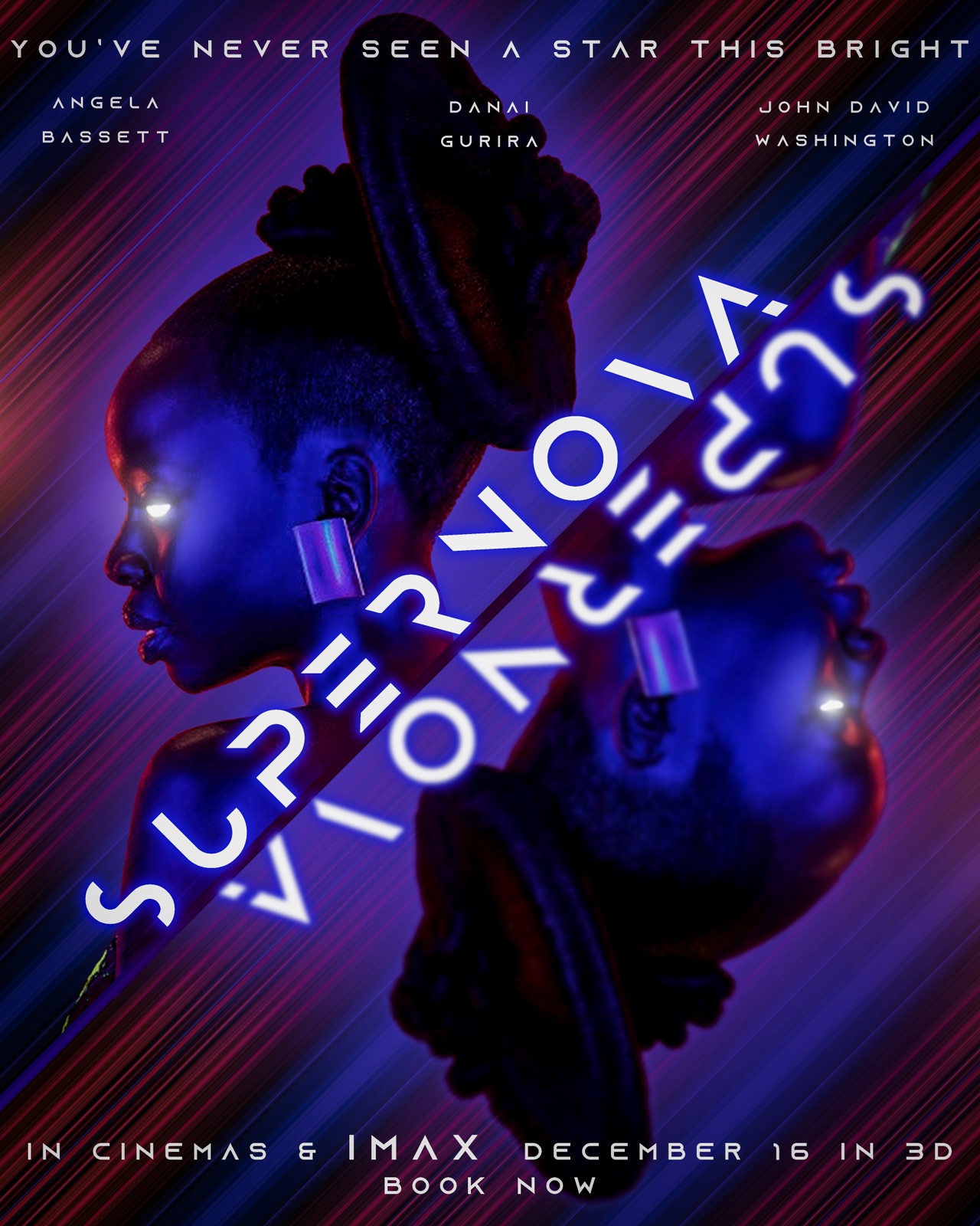 A poster for Supernova: a face in blue and magenta behind mirrored title type