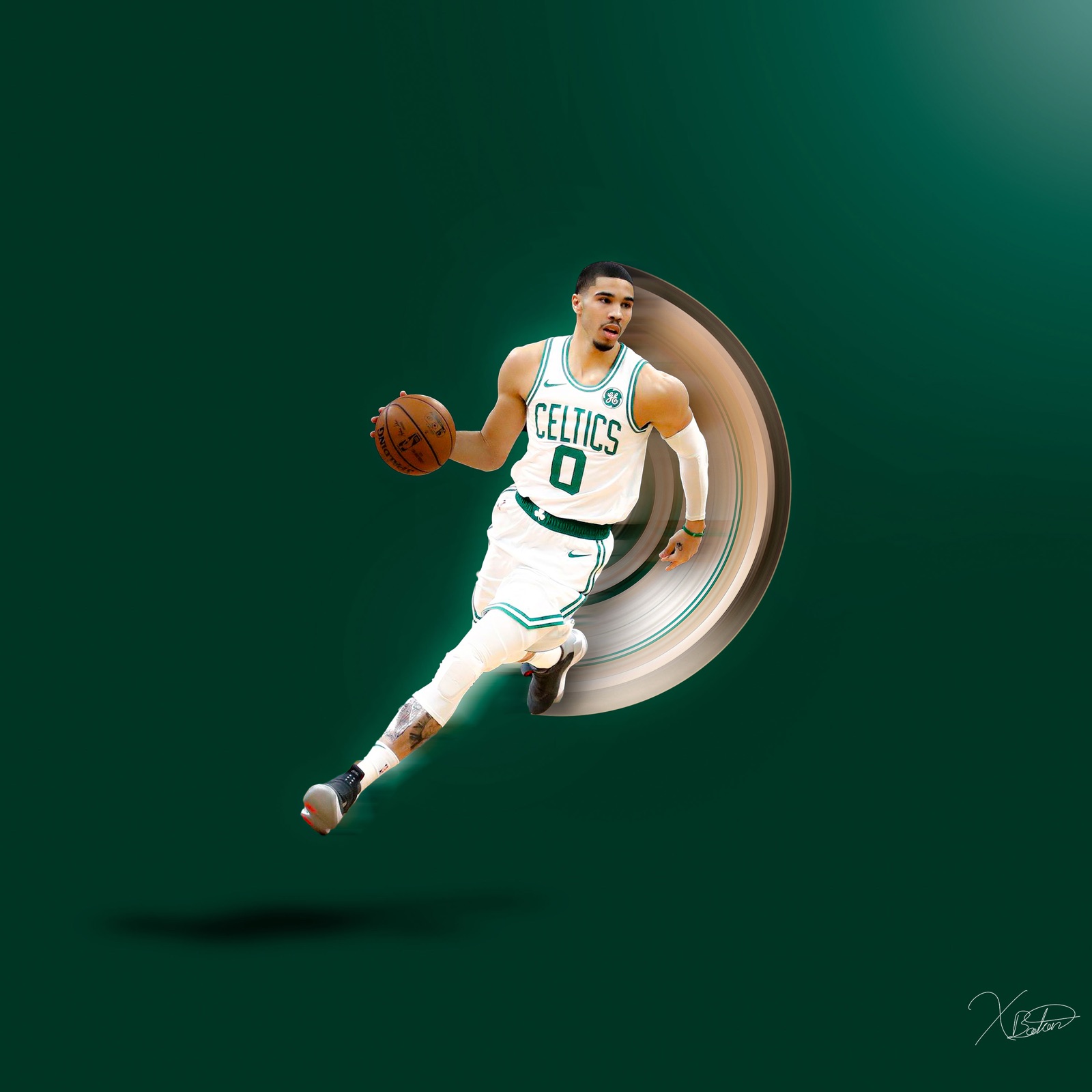 Jayson Tatum driving in a white Celtics jersey, a ring of motion arcing behind him on a dark green field