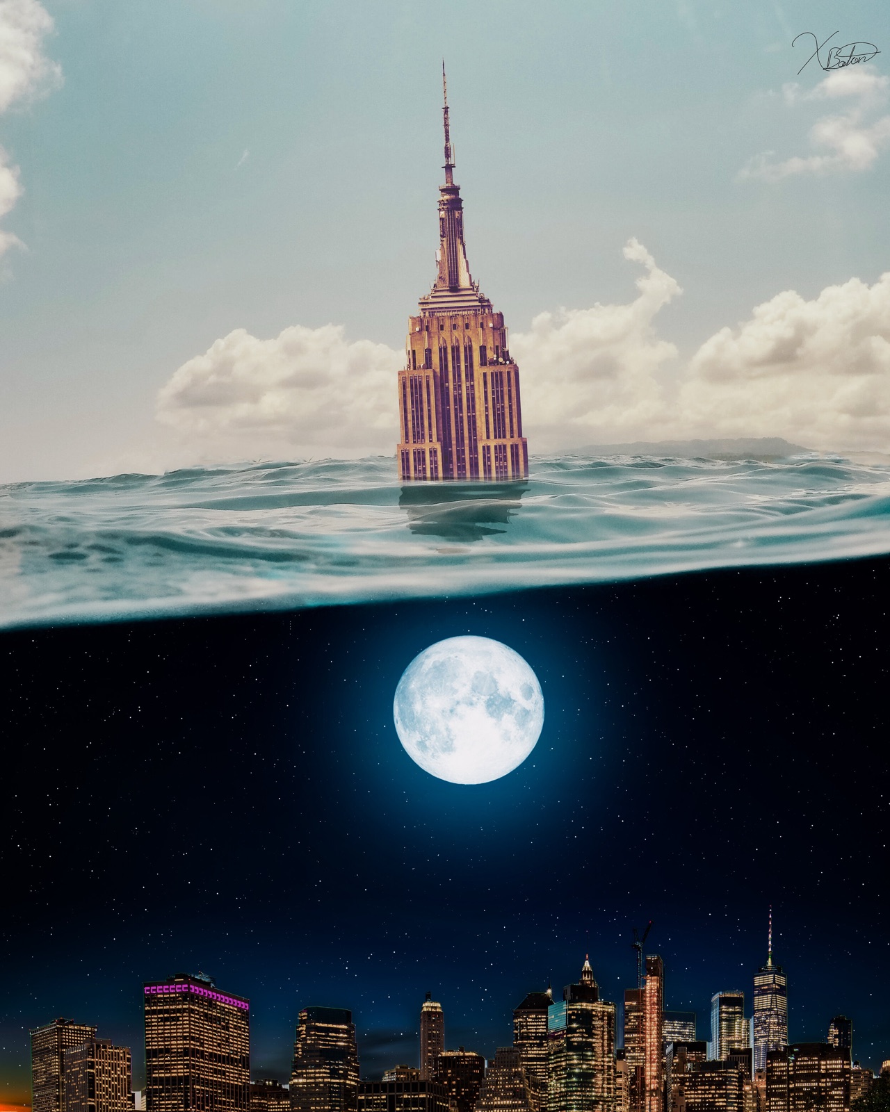 The Empire State Building rising from the open sea; below the waterline, a full moon over a city skyline at night