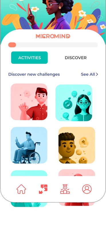 Micromind activities screen: a coral wordmark under an illustrated header, Activities and Discover tabs, and a grid of character tiles to choose from