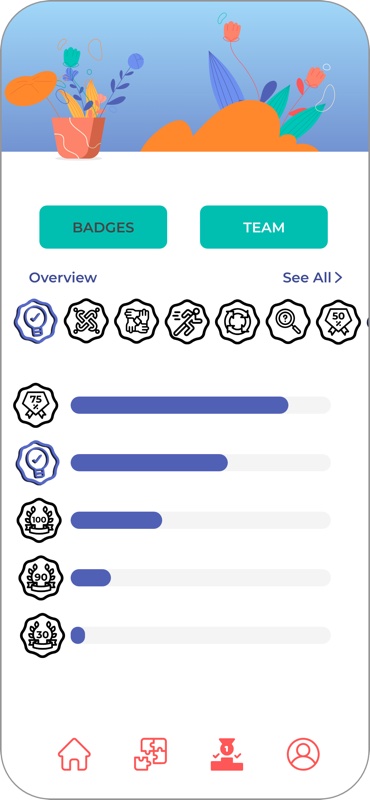 Micromind badges screen with a row of badge icons and progress bars under each