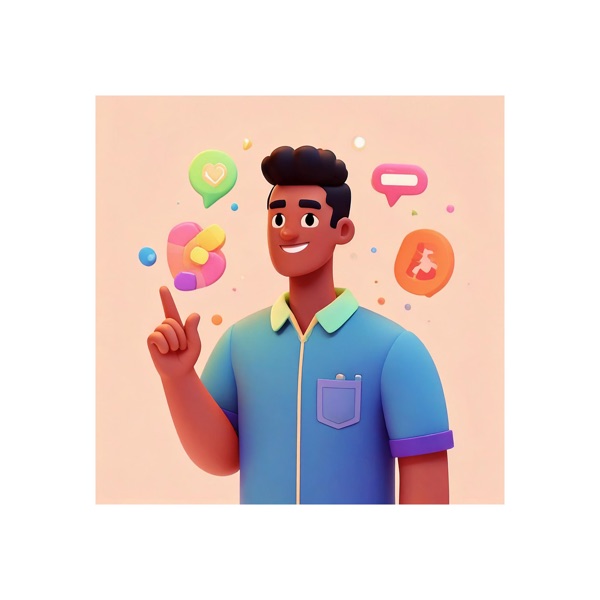Illustrated character: a smiling man in a blue shirt pointing up, surrounded by small icons