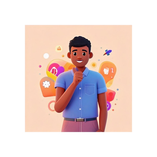 Illustrated character: a man in a blue shirt thinking, with icons floating around him