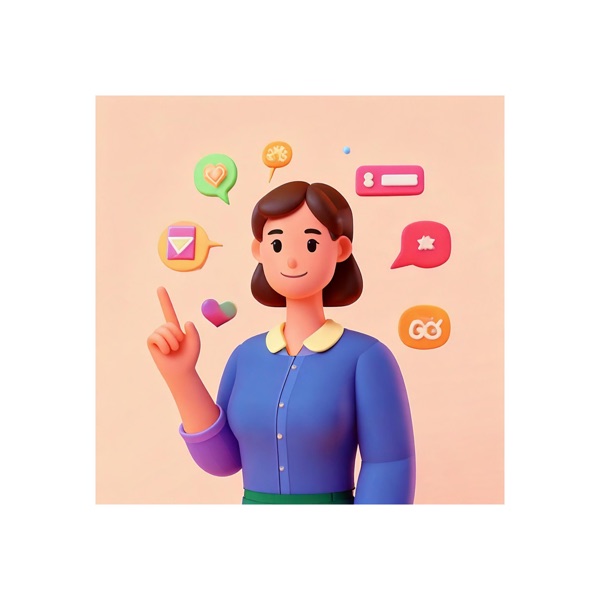 Illustrated character: a woman in a purple top pointing up, with icons around her