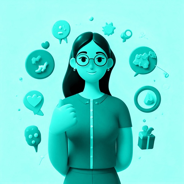 Illustrated character: a woman with glasses in teal tones, with icons around her