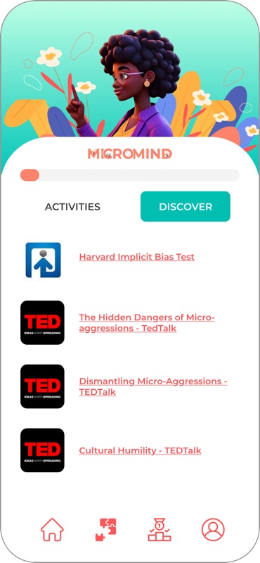 Micromind discover screen listing the Harvard implicit bias test and three TED talks