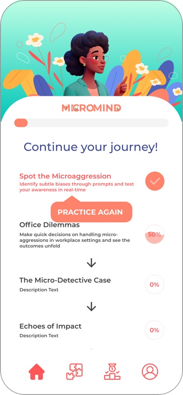 Micromind journey screen headed Continue your journey, with Spot the Microaggression completed, a Practice again button, and three scenarios still at zero percent