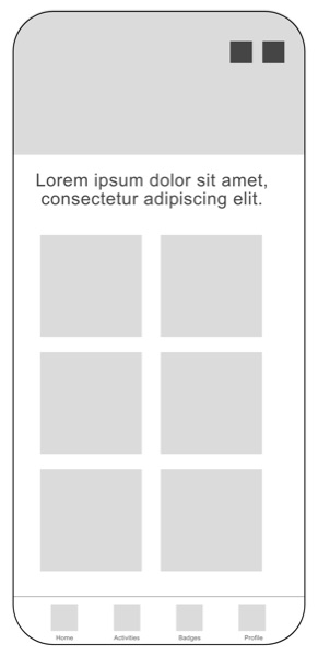 Wireframe: a grid of six activity tiles under a short paragraph