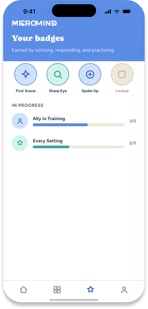 Your badges screen: First Scene, Sharp Eye and Spoke Up earned, one locked, and two badges in progress