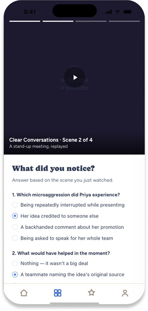 A Clear Conversations scene: a short video, then the question What did you notice, with multiple choice answers